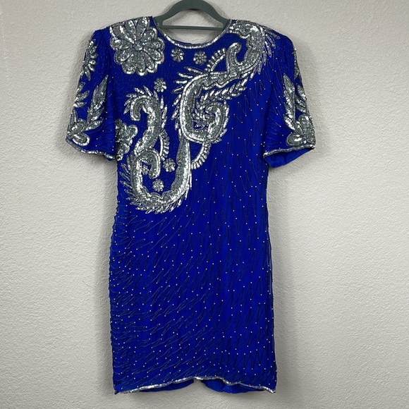 Laurence Kazar Dresses & Skirts - Vintage Laurence Kazar Beaded Sequin Silk Shift Dress Blue Silver Sz L